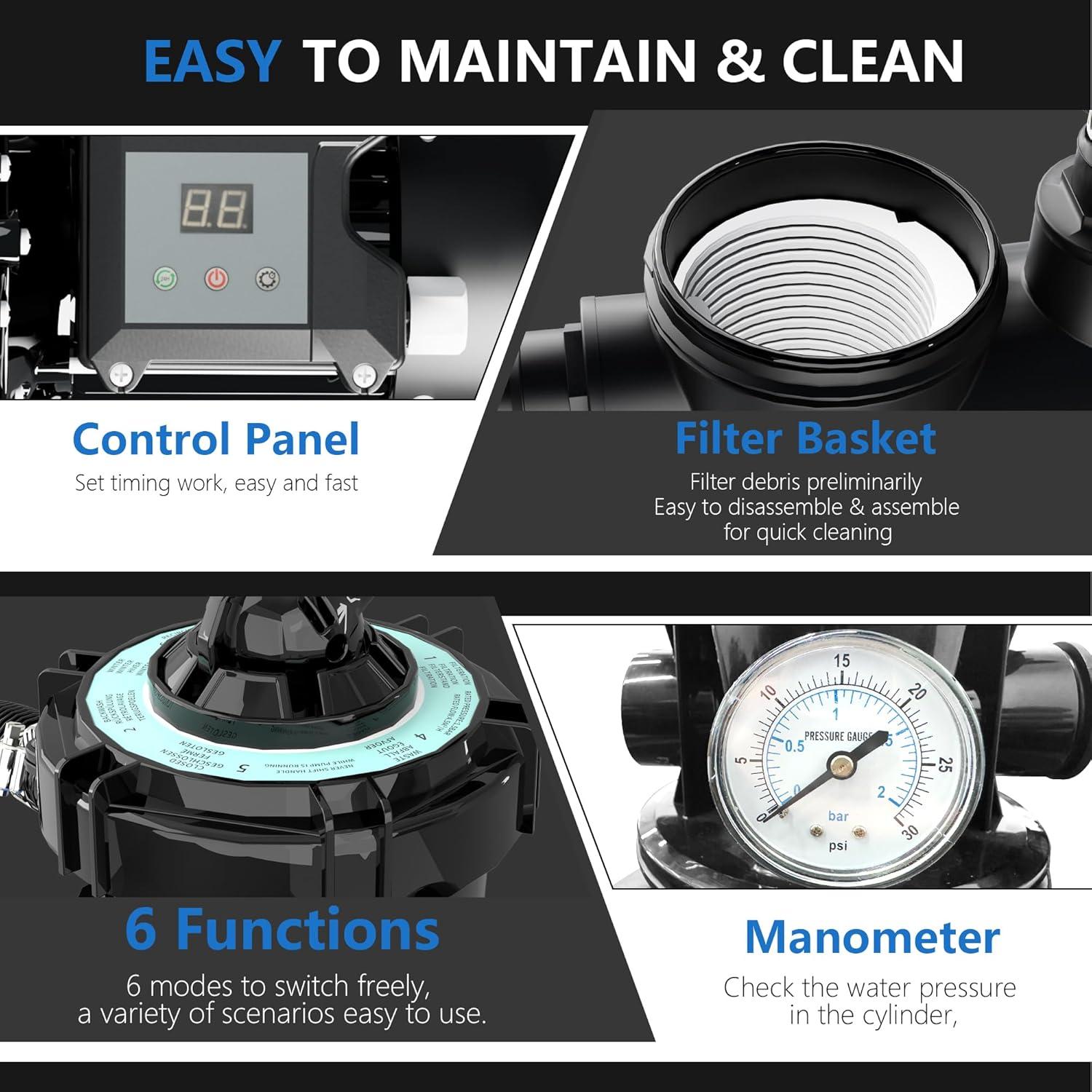imageFOTING 16quot Sand Filter Pump for Above Ground Pool with Timer 1HP Max 4500GPH for Pools Up to 18000GAL 1HP 6Way Valve Enhanced Circulation for CrystalClear Pool5000GPH18in