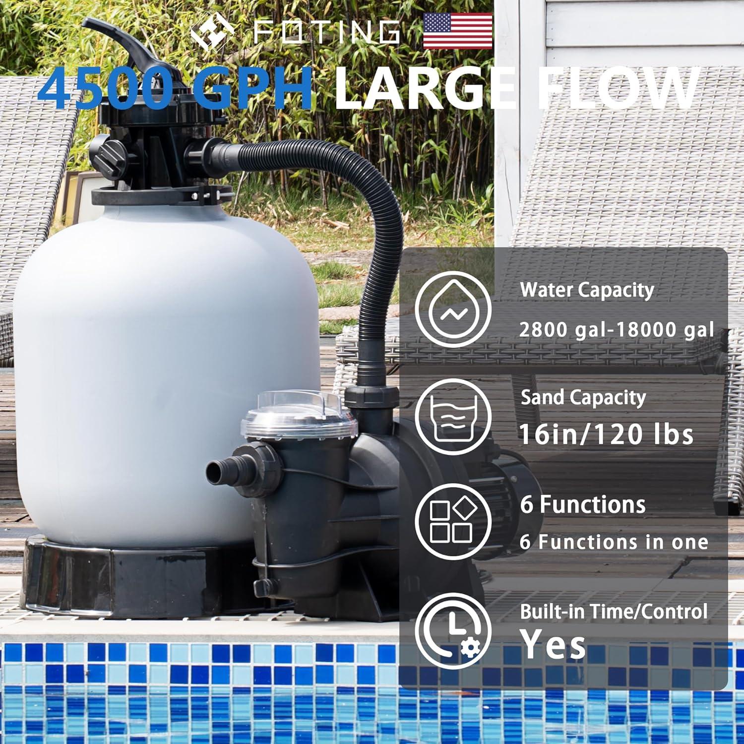 imageFOTING 16quot Sand Filter Pump for Above Ground Pool with Timer 1HP Max 4500GPH for Pools Up to 18000GAL 1HP 6Way Valve Enhanced Circulation for CrystalClear Pool4500GPH16in