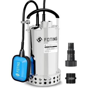 imageFOTING 12HP Submersible Water Pump with Stainless Steel Base  Removes Water to 004quot Depth 2450GPH Portable Sump Pump for Puddles Pools Boats Gardens ampamp Ponds  10Ft Cord Included1 HP 4600 GPH Stainless Steel