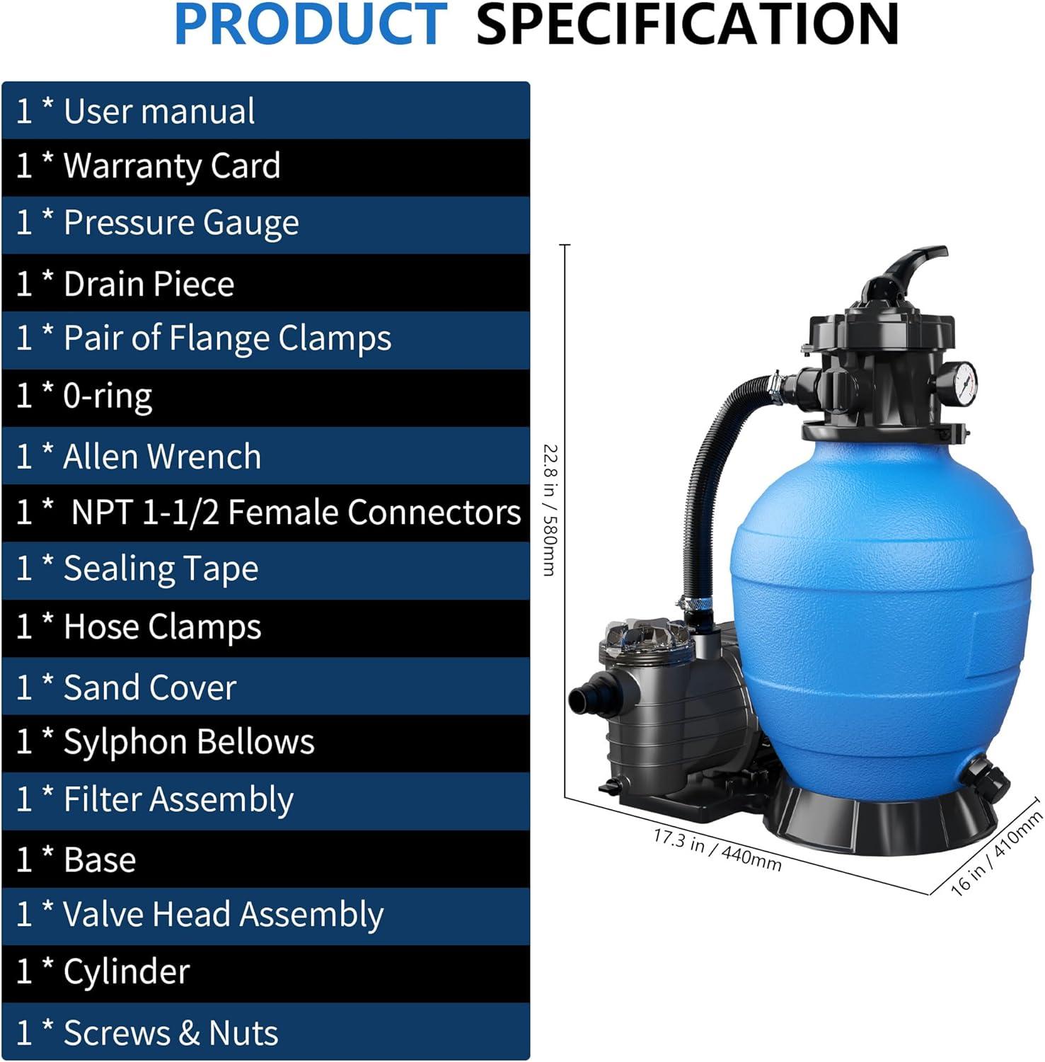imageFOTING 13quot Sand Filter Pump for Above Ground Pool with Timer 1HP Max 3800GPH for Pools Up to 13000GAL 1HP 6Way Valve Enhanced Circulation for CrystalClear Pool3800GPH13in