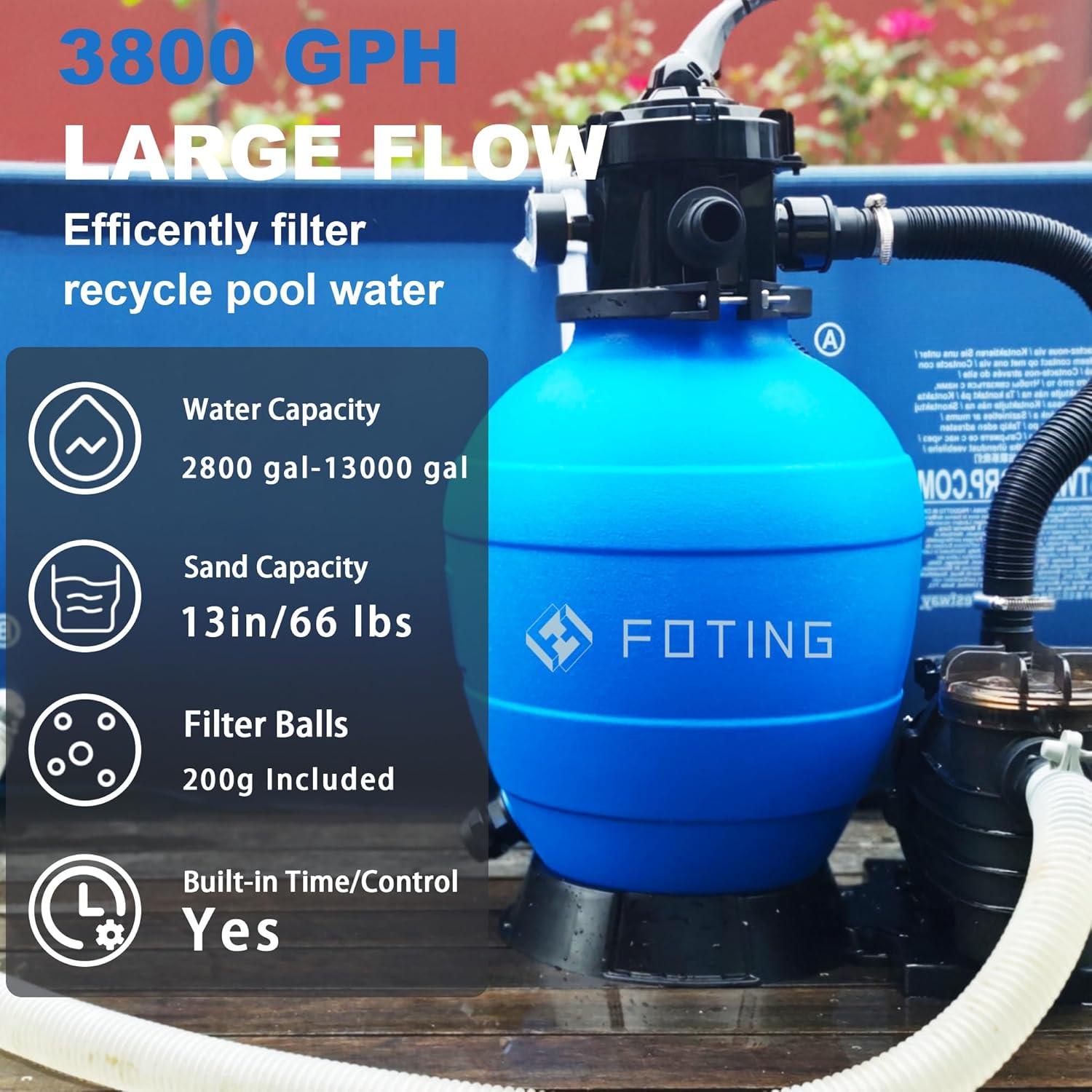 imageFOTING 13quot Sand Filter Pump for Above Ground Pool with Timer 1HP Max 3800GPH for Pools Up to 13000GAL 1HP 6Way Valve Enhanced Circulation for CrystalClear Pool3800GPH13in