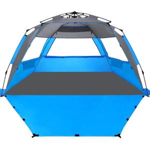 imageWhiteFang Deluxe Pop Up Beach Tent Sun Shade Shelter for 3456 Person UV Protection Extendable Floor with 3 Ventilating Windows Plus Carrying Bag Stakes and Guy LinesBlue Gray