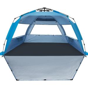 imageWhiteFang Deluxe Pop Up Beach Tent Sun Shade Shelter for 3456 Person UV Protection Extendable Floor with 3 Ventilating Windows Plus Carrying Bag Stakes and Guy LinesSolid Blue