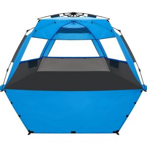 imageWhiteFang Deluxe Pop Up Beach Tent Sun Shade Shelter for 3456 Person UV Protection Extendable Floor with 3 Ventilating Windows Plus Carrying Bag Stakes and Guy LinesGray Blue
