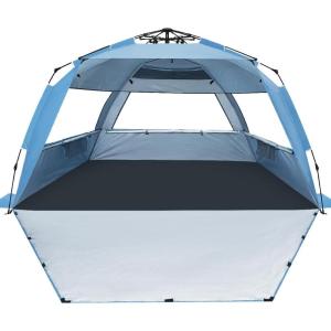 imageWhiteFang Deluxe Pop Up Beach Tent Sun Shade Shelter for 3456 Person UV Protection Extendable Floor with 3 Ventilating Windows Plus Carrying Bag Stakes and Guy LinesLight Blue