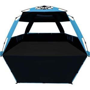imageWhiteFang Deluxe Pop Up Beach Tent Sun Shade Shelter for 3456 Person UV Protection Extendable Floor with 3 Ventilating Windows Plus Carrying Bag Stakes and Guy LinesBlackout ShelterSolid Blue