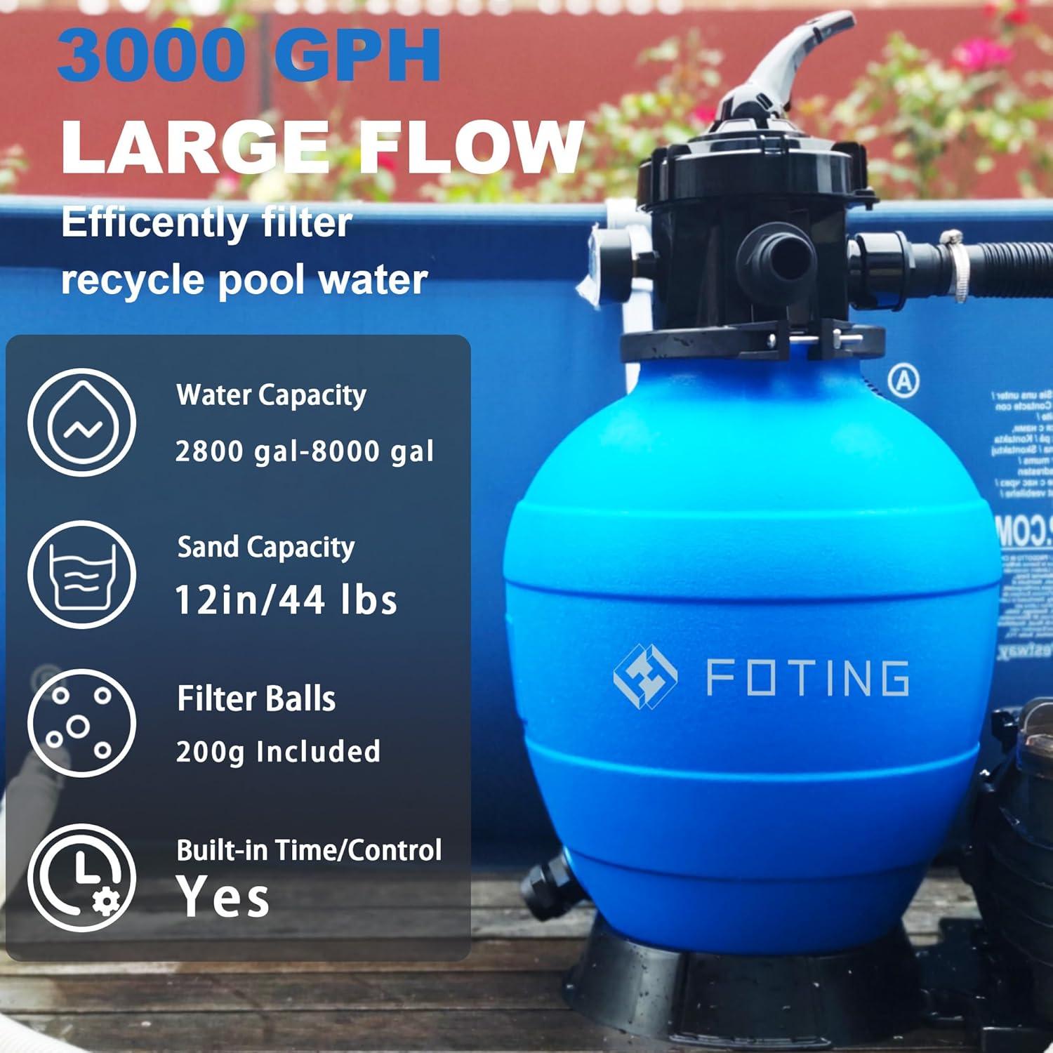 imageFOTING Sand Filter Pump for Above Ground Pool with Timer 13in 1 HP Max 3800GPH for Pools Up to 13000GAL 6Way Valve Enhanced Circulation for CrystalClear Pool3000GPH12in