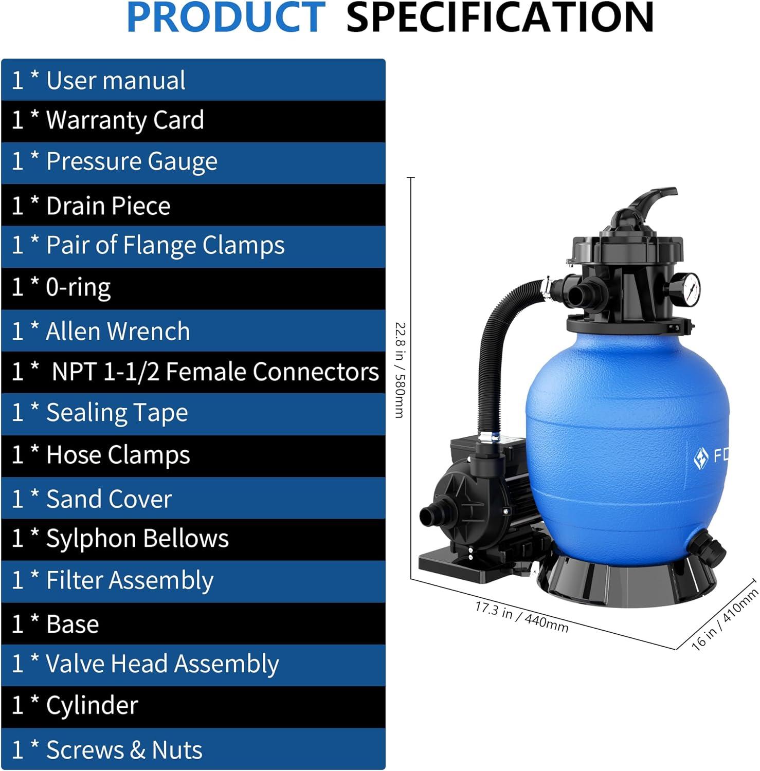 imageFOTING Sand Filter Pump for Above Ground Pool with Timer 13in 1 HP Max 3800GPH for Pools Up to 13000GAL 6Way Valve Enhanced Circulation for CrystalClear Pool3000GPH12in