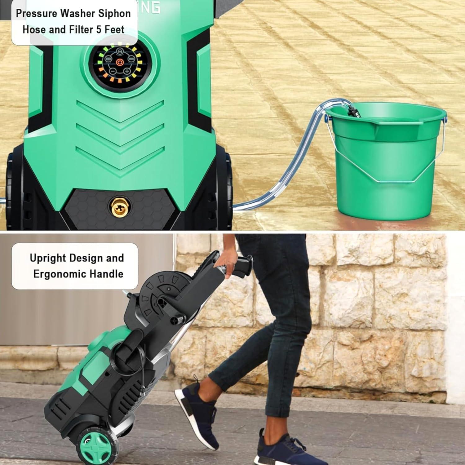 image2025Upgraded Pressure Washer 5000PSI with Adjustable Touch Screen 8 Level 34quot Tall 4 Quick Connect NozzlesInlet HoseampampFilterampamp500mlFoam Cannon for CarsFencesDrivewaysHome CleaningYellowGreen