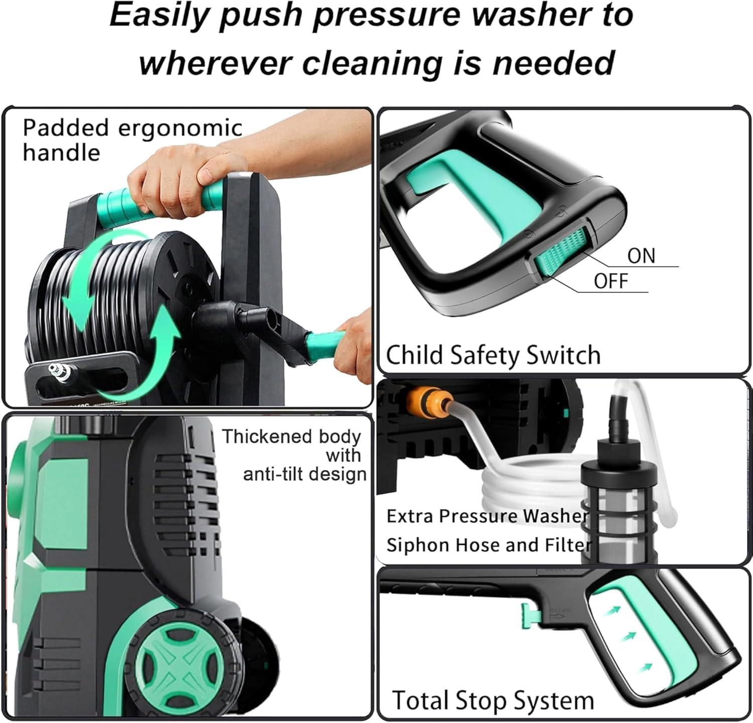 image2025Upgraded Pressure Washer 5000PSI with Adjustable Touch Screen 8 Level 34quot Tall 4 Quick Connect NozzlesInlet HoseampampFilterampamp500mlFoam Cannon for CarsFencesDrivewaysHome CleaningYellowGreen