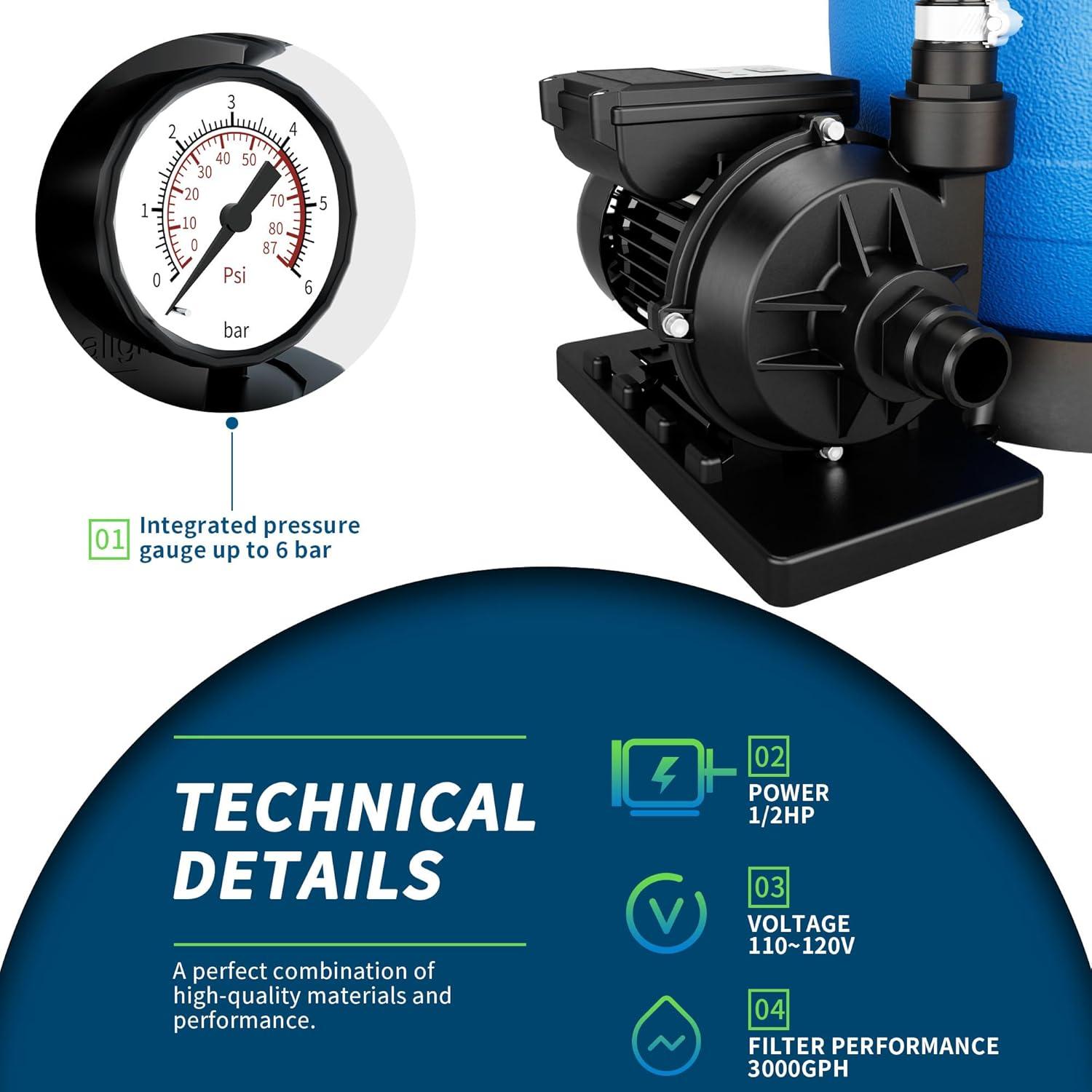 image:imageFOTING Sand Filter Pump for Above Ground Pool Pool Sand Filter with Timer 7Way MultiPort Valve Pool Pumps Above Ground 13inch 1HP 3800GPH12inch  12HP 3000GPH