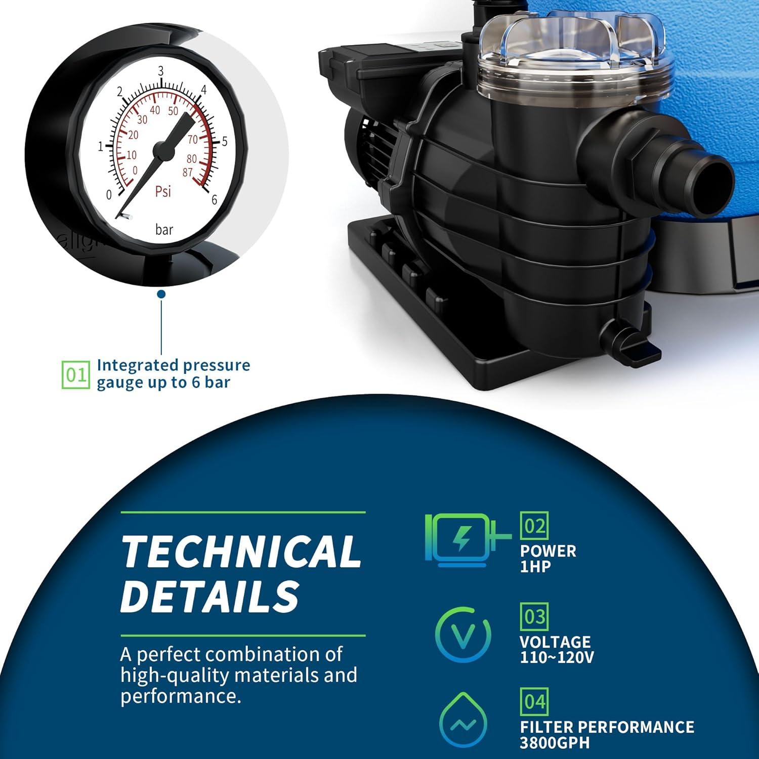 image:imageFOTING Sand Filter Pump for Above Ground Pool Pool Sand Filter with Timer 7Way MultiPort Valve Pool Pumps Above Ground 13inch 1HP 3800GPH13inch  1HP 3800GPH